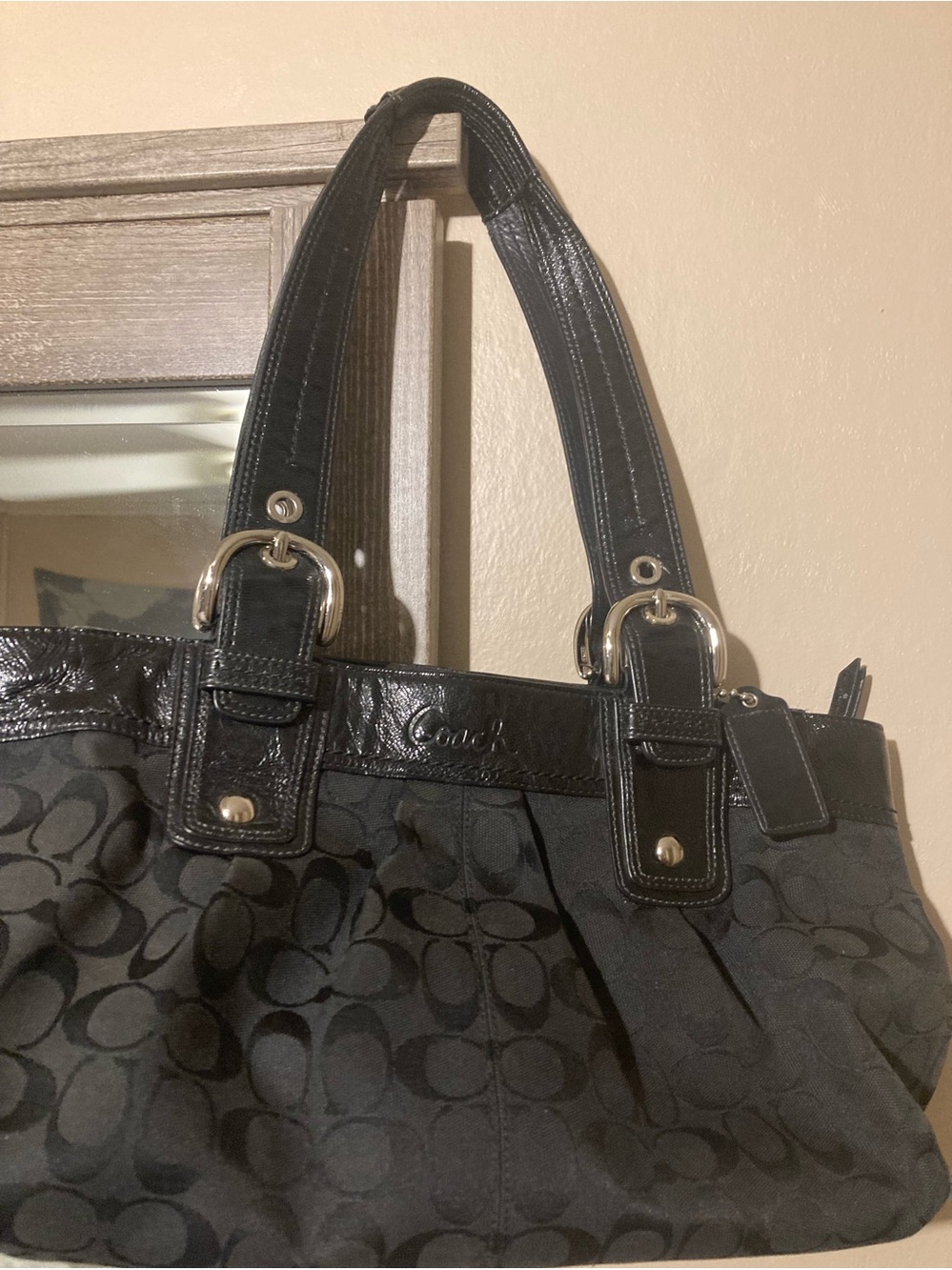 Coach Black Signature Jacquard Shoulder Bag with Patent Trim